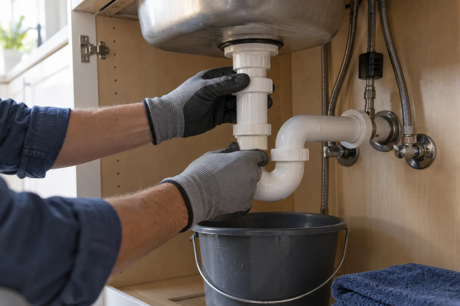 Close-up of hands tightening a pipe fitting under a kitchen sink in the Philadelphia area