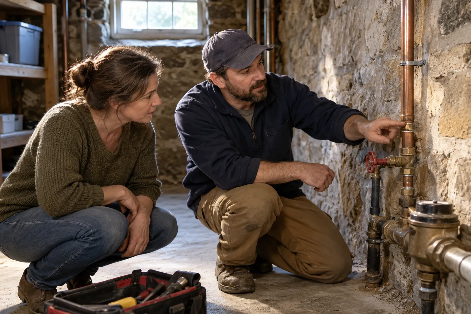 A homeowner in Philadelphia turning off a water valve in a basement while a plumber looks on