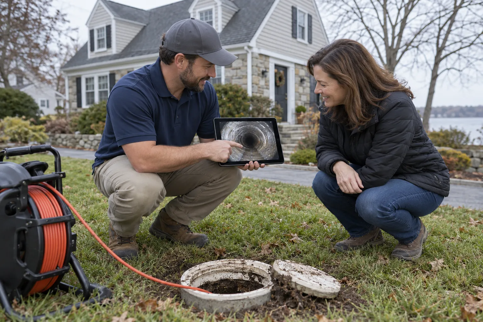 Friendly plumbing provider showing a homeowner a sewer camera inspection on a tablet near a front yard in Philadelphia